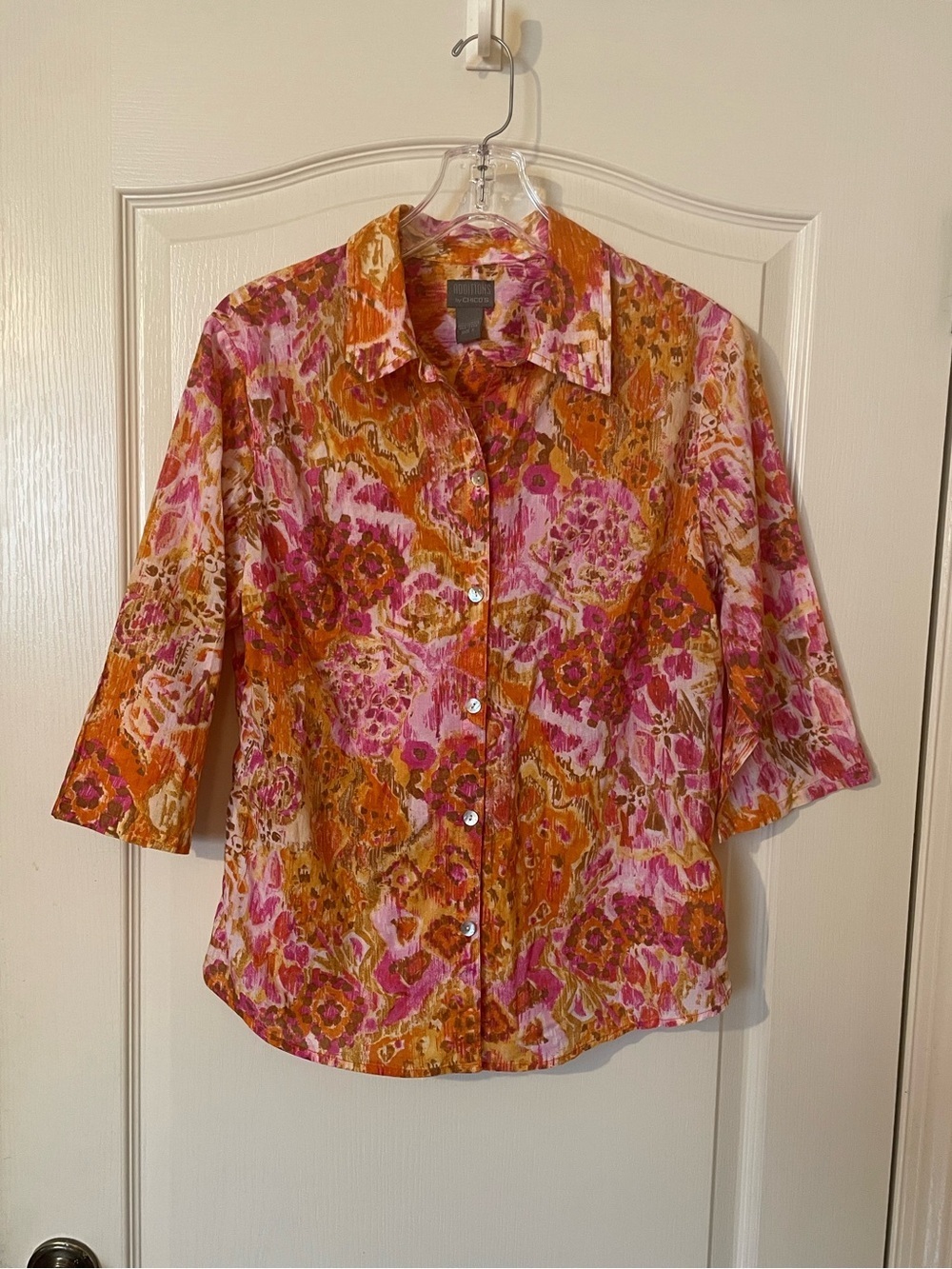 Chico’s Additions Size L Colorful Floral Art Print Blouse Resort Boho Cotton